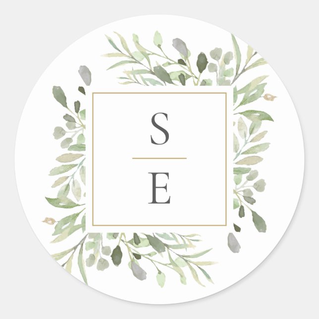 Sticker Rond Initiales Monogramme Verdure Moderne Mariage Or (Devant)