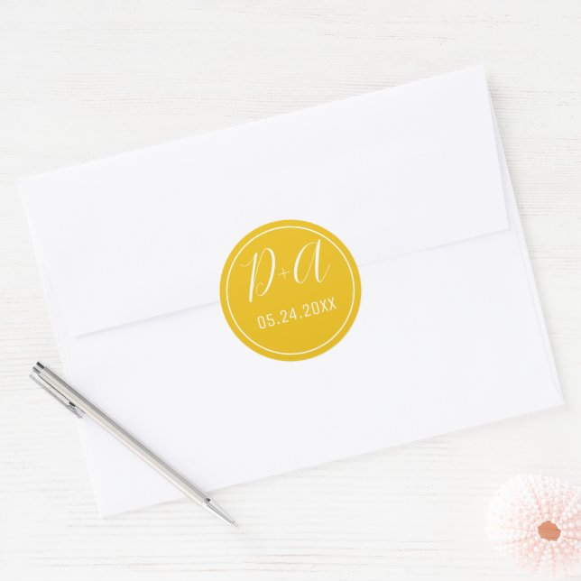 Sticker Rond Initiales simples et élégantes mariage jaune (Enveloppe)
