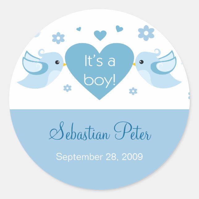 Sticker Rond Inséparables bleus Faire-part de naissance bébé (Devant)