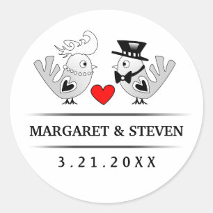 Sticker Rond Inséparables Mariages noirs et blancs Coeur rouge