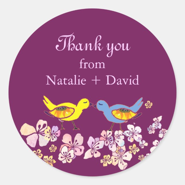 Sticker Rond Inséparables mignon violet Mariage Merci (Devant)