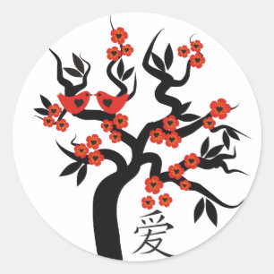 Sticker Rond Inséparables Sakura cherry tree symbole d'amour ch