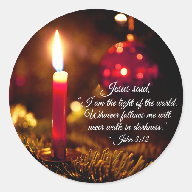 Sticker Rond Inspirationnelle Bible de Noël Verse Jean 8:12 (Devant)