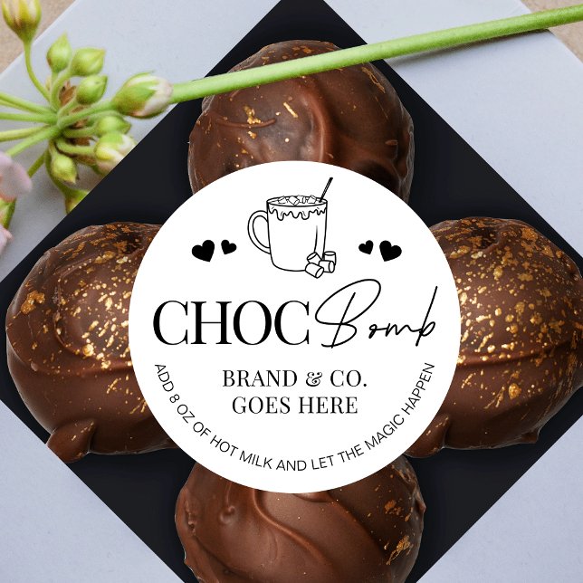 Sticker Rond Instructions relatives aux bombes au chocolat au c (Modern Hot Chocolate Bomb labels in a minimalist black & white design)