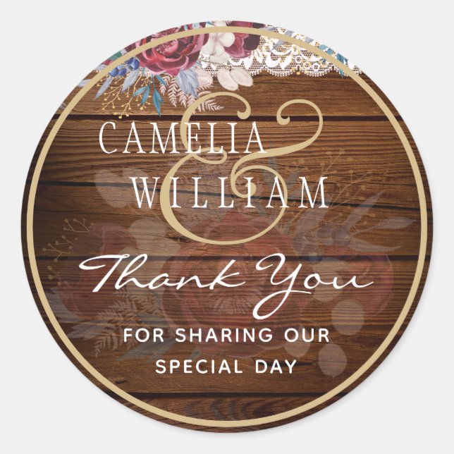 Sticker Rond Intemporel Rustique Bleu Bourgogne Floral Mariage  (Devant)