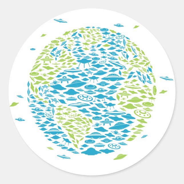 Sticker Rond Invasion du monde par OVNI, Alien, Navires spatiau (Devant)