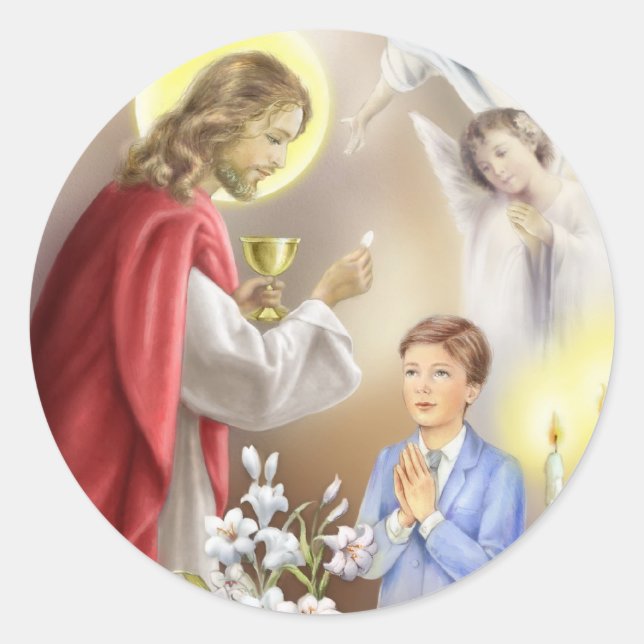 Sticker Rond Invitation à la première communion sainte pour gar (Devant)