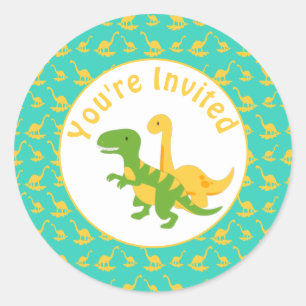 Sticker Rond Invitation à une fête de garçons avec des dinosaur