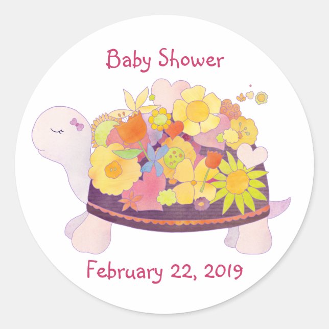 Sticker Rond Invitation Baby shower de tortue à fleurs (Devant)