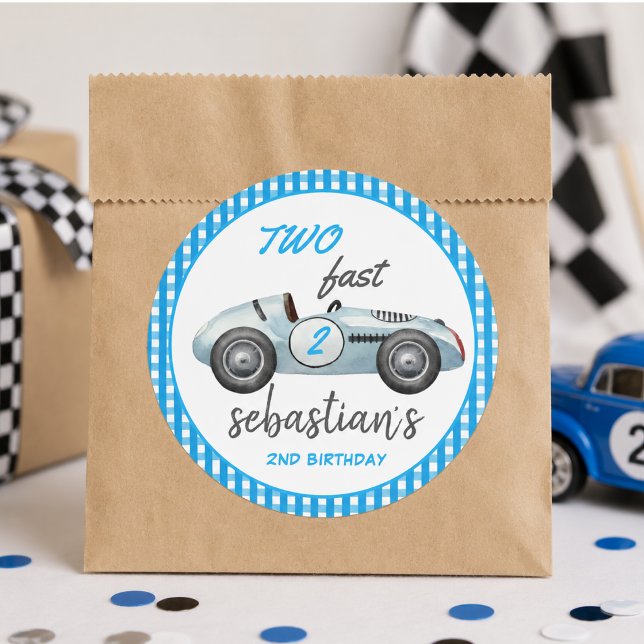 Sticker Rond Invitation d'anniversaire 2 ans Two Fast Blue Race (Two Fast Blue Race Car 2nd Birthday Invitation Classic Round Sticker)