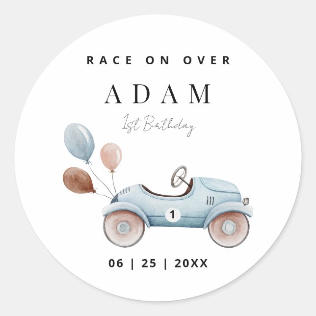 Sticker Rond Invitation d'anniversaire de voiture de course, An (Devant)