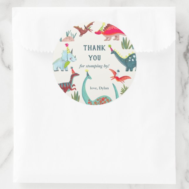 Sticker Rond Invitation d'anniversaire pour enfants dinosaures (Sac)
