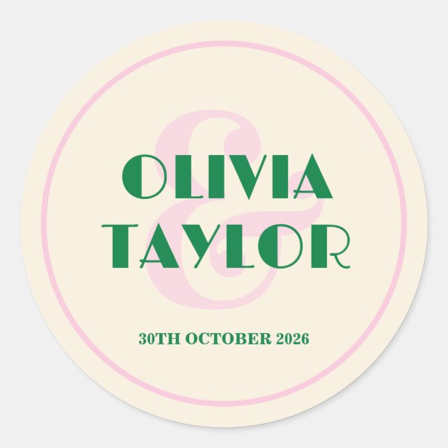 Sticker Rond Invitation de mariage rayée rétro moderne (Devant)
