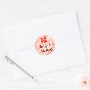 Sticker Rond Invitation de mariage rouge dragon et phénix chino