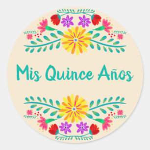 Sticker Rond Invitation de Mis Quince Anos Mexican Floral Party