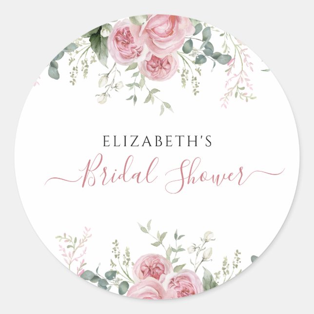 Sticker Rond Invitation Élégante Eucalyptus & Roses Roses (Devant)