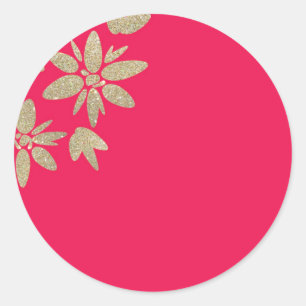 Sticker Rond Invitation fuchsia rose aux fleurs étincelantes or