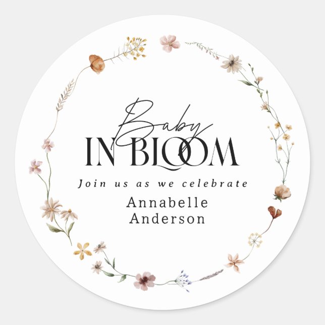 Sticker Rond Invitation pour baby shower de bébé en fleurs sauv (Devant)