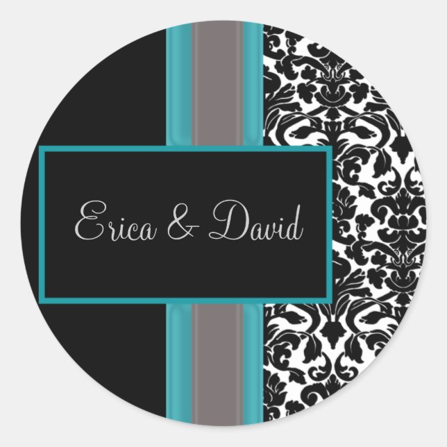 Sticker Rond Invitations Aqua White Black Mariage damassé (Devant)