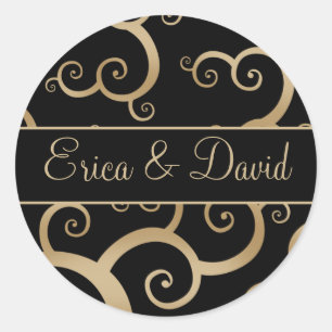 Sticker Rond Invitations Gold Black Mariage damassé