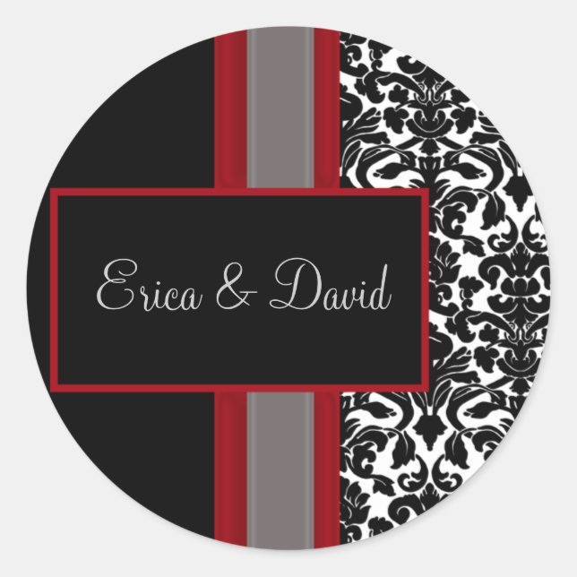 Sticker Rond Invitations Red White Black Mariage damassé (Devant)