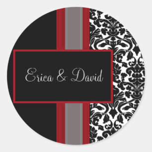 Sticker Rond Invitations Red White Black Mariage damassé