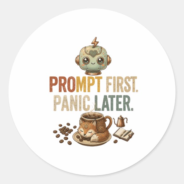 Sticker Rond Invite d'abord, paniquez plus tard Funny Ai Robot (Devant)