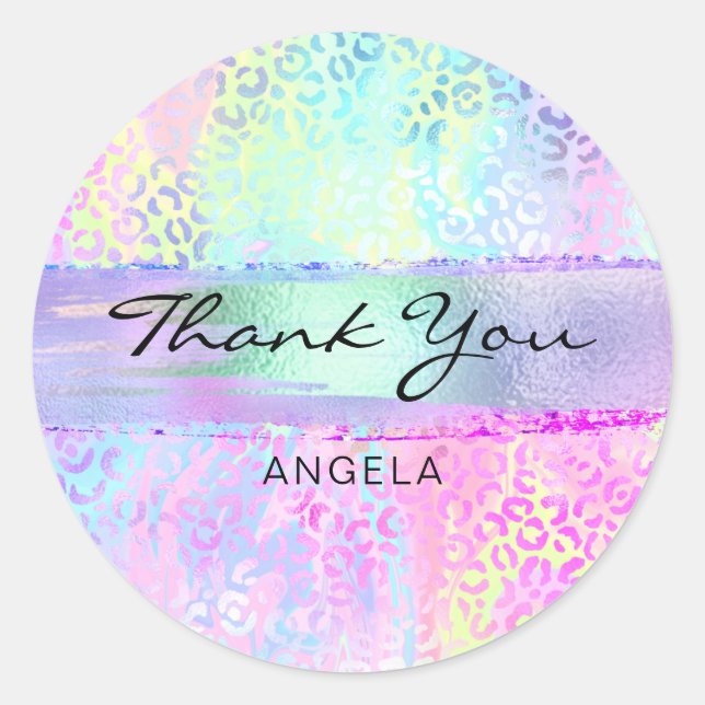 Sticker Rond Iridescente Rainbow Leopard Merci rose (Devant)