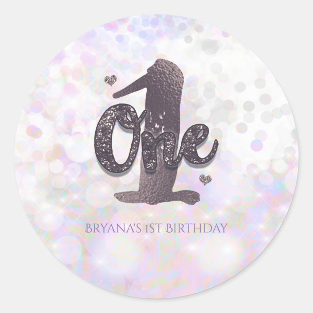Sticker Rond Iridescente Sparkle Un 1er Anniversaire Fête Favor (Devant)