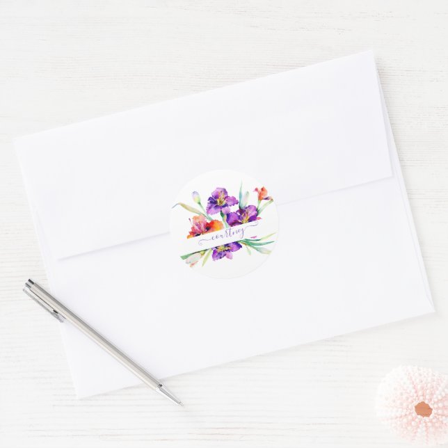 Sticker Rond Iris aquarelle violette personnalisée  (Enveloppe)
