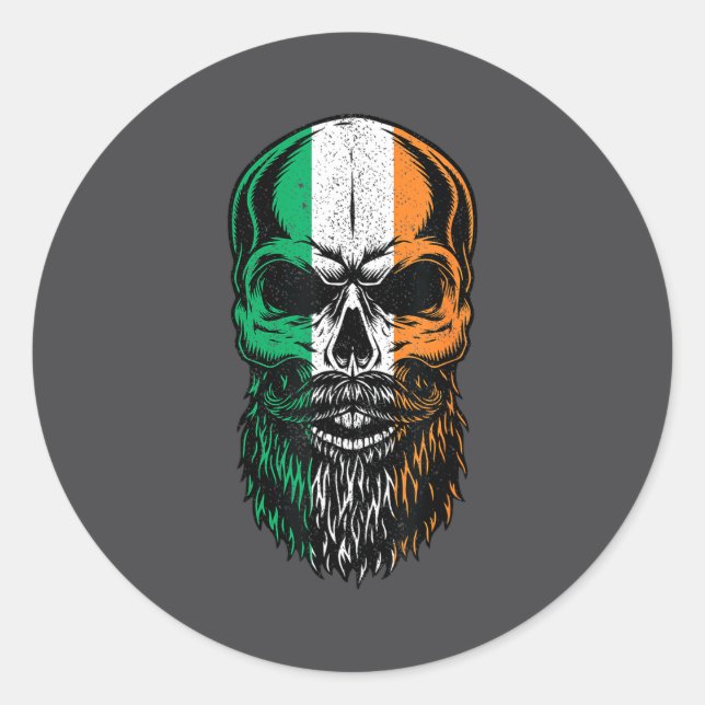 Sticker Rond Irish Flag Bearded Skull Head Saint Patrick's Day  (Devant)