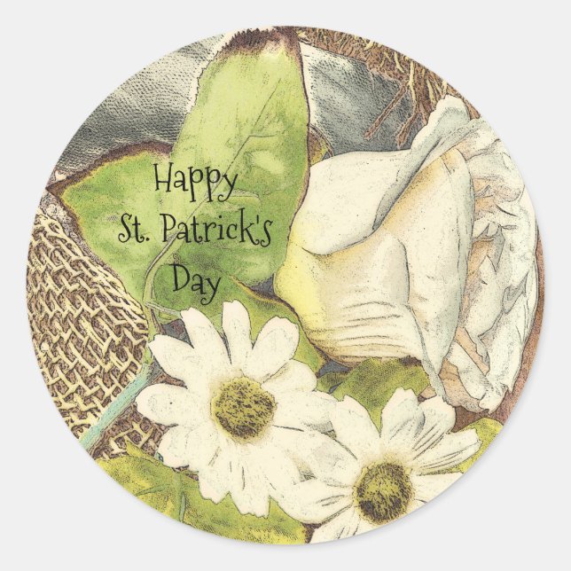 Sticker Rond Irish Happy St. Patrick's Day White Flowers (Devant)