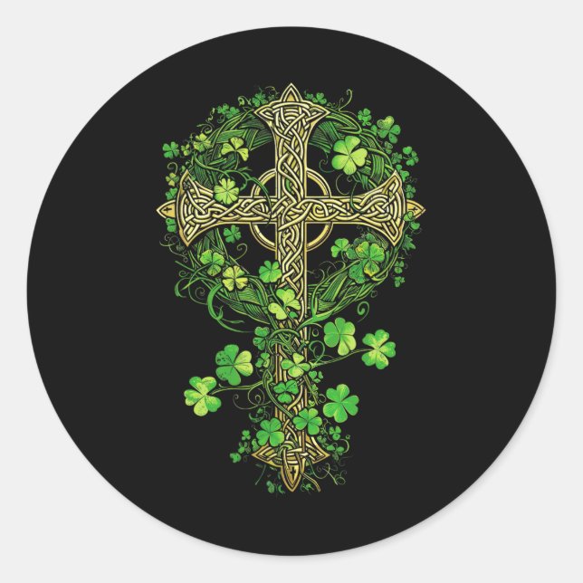 Sticker Rond Irish Harp Celte Cross Knot Clover St Shamrock (Devant)