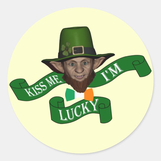 Sticker Rond Irish kiss me Je suis chanceux leprechaun (Devant)