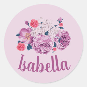 Sticker Rond Isabella Nom Floral Personnalisé Fleur Fille Vinta
