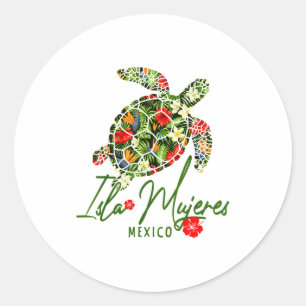 Sticker Rond Isla Mujeres Mexique Tortue de mer Hibiscus Tropic