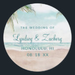 Sticker Rond Island Breeze Plage Peint Scène Monogramme Mariage<br><div class="desc">Island Breeze Painted Beach Scene, avec Ocean Waves, Sandy Beach et Palm Trees, avec un beau ciel bleu turquoise. Avec Des Polices De Script De Typographie Moderne. Une Plage Tropicale D'Été, Ou design de mariage de destination - Mariage personnalisé Monogramme Nom Stickers! ~ Regardez ma boutique pour voir l'ensemble de...</div>