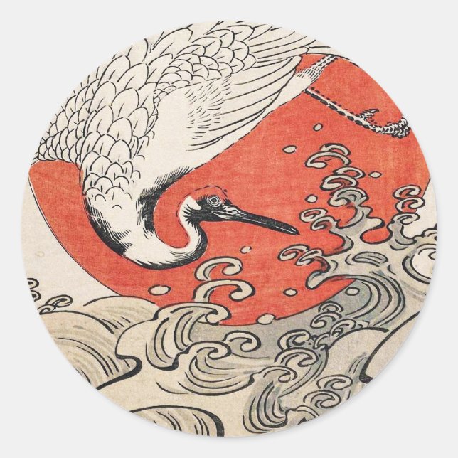 Sticker Rond Isoda Koryusai Grue Vagues et soleil levant (Devant)