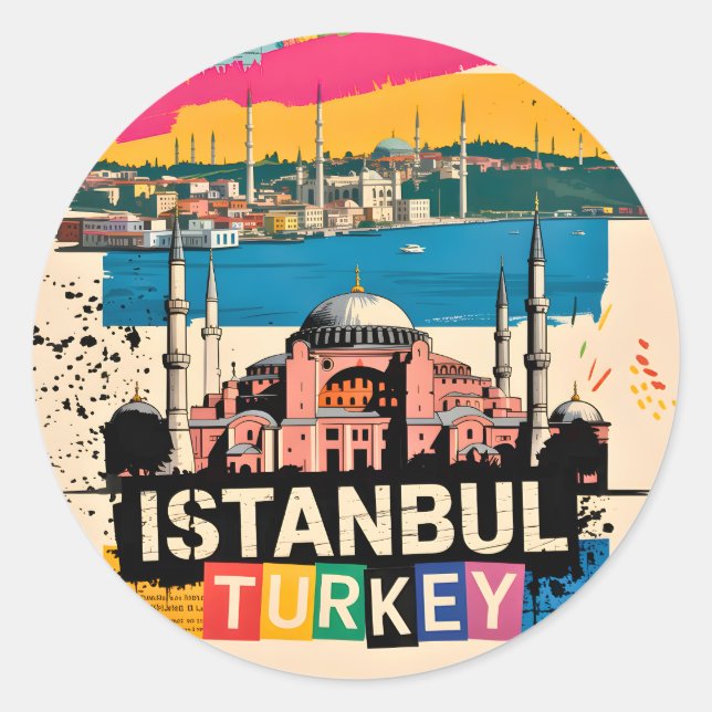 Sticker Rond Istanbul Turkey Hagia Sophia Retro Pop Art Travel (Devant)