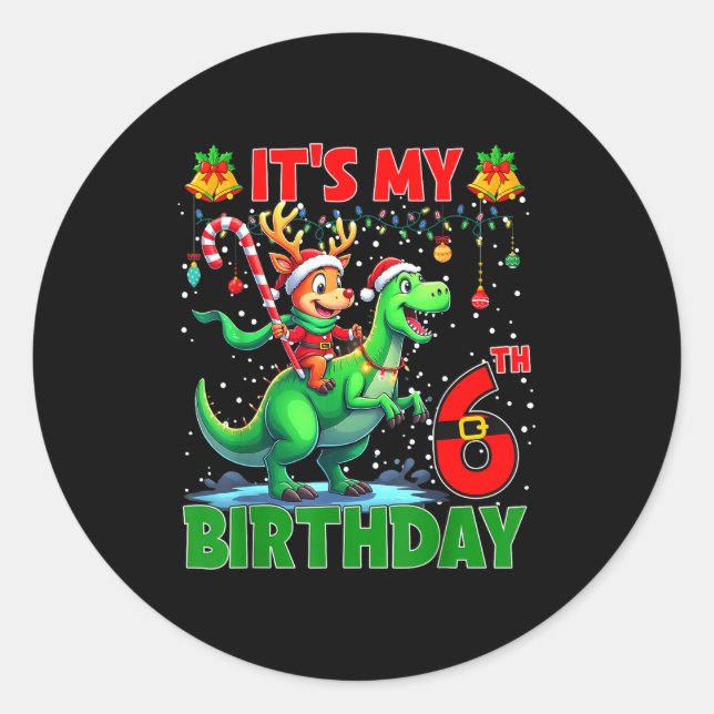 Sticker Rond It’s My 6th Birthday Xmas Reindeer Riding Dinosaur (Devant)
