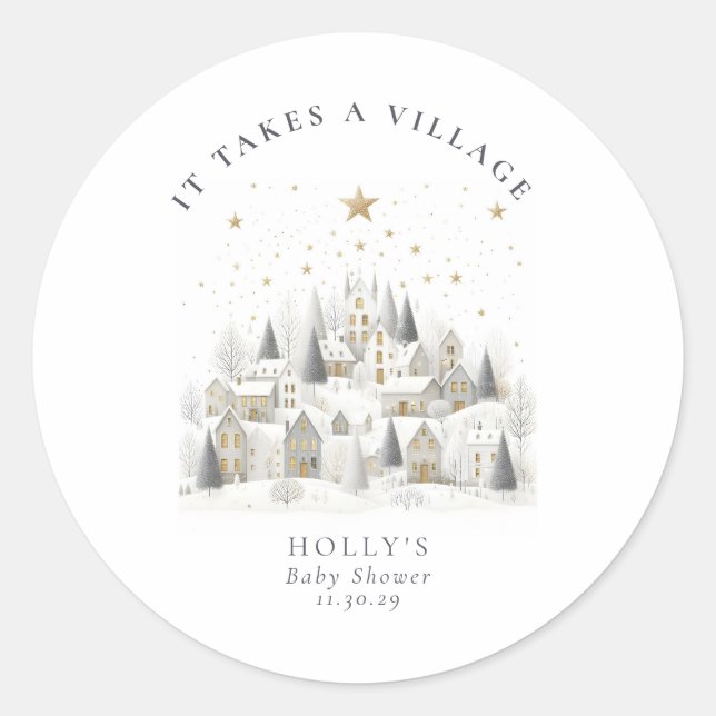 Sticker Rond It Takes a Village Snowy Whimsical Baby Shower  (Devant)