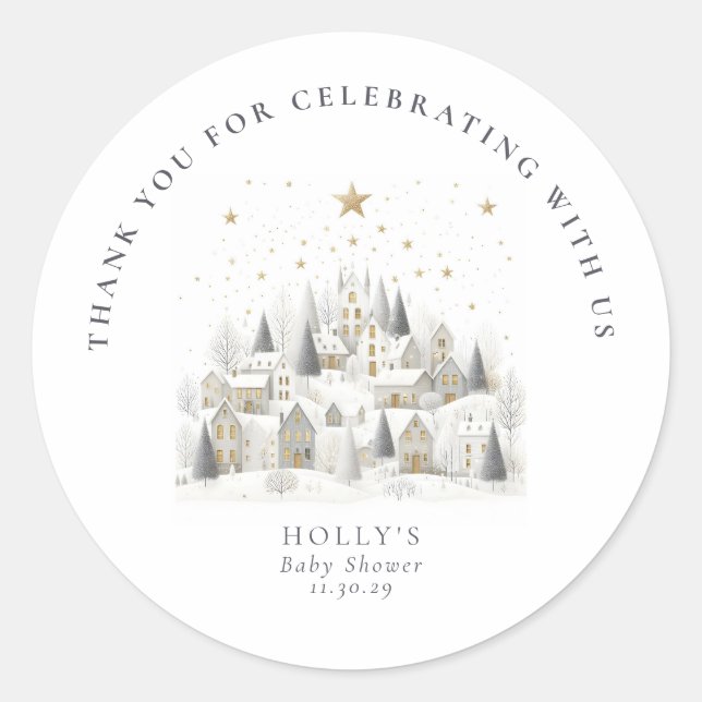 Sticker Rond It Takes a Village Snowy Whimsical Baby Shower  (Devant)