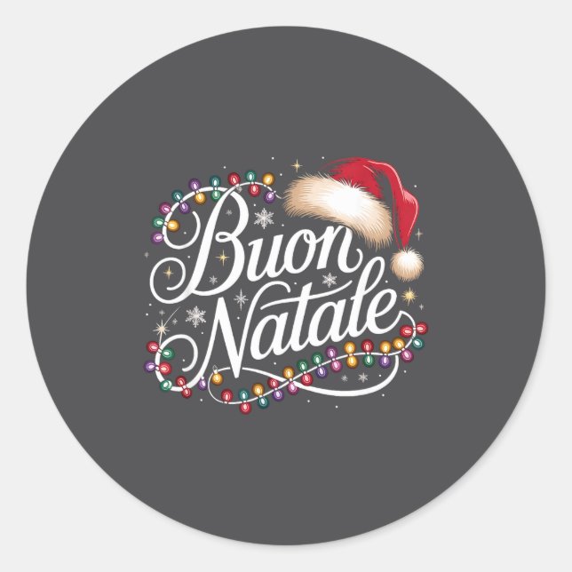 Sticker Rond Italian Family Christmas Lights Red Santa Hat Buon (Devant)