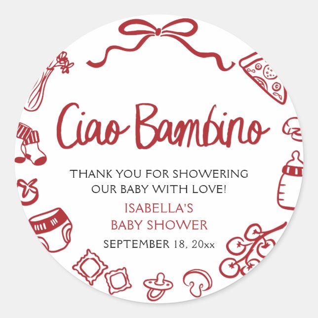 Sticker Rond Italian Hand Drawn Pizza Ciao Bambino Baby Shower (Devant)