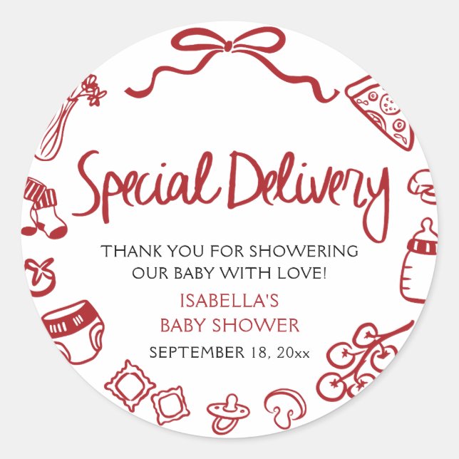 Sticker Rond Italian Hand Drawn Special Delivery Baby Shower (Devant)