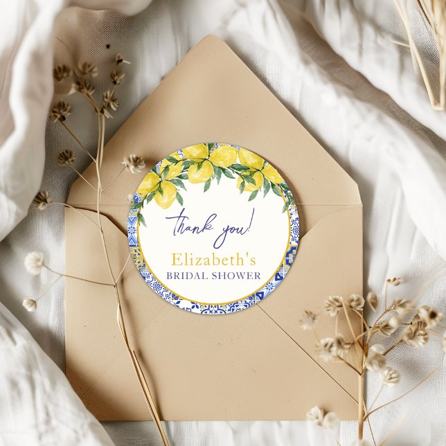 Sticker Rond Italian watercolor tiles with lemon, Bridal Shower (Créateur téléchargé)