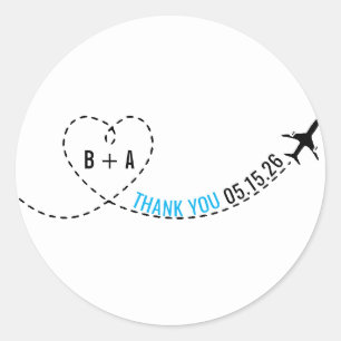 Sticker Rond Itinéraire d'avion Monogramme Mariage Date Merci