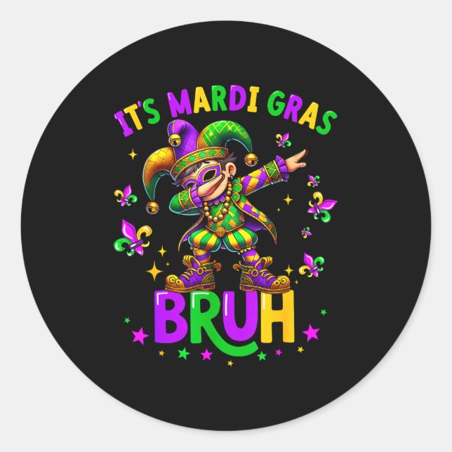 Sticker Rond It's Mardi Gras Bruh Dabbing Leprechaun Jester New (Devant)