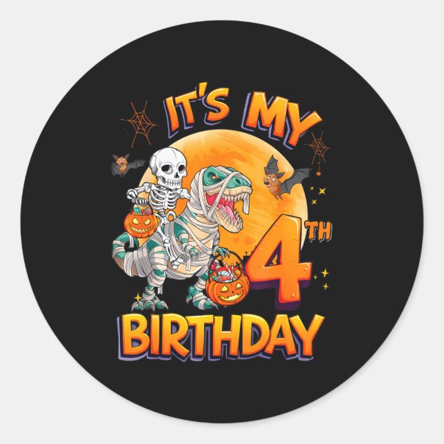 Sticker Rond Its My 4th Birthday Dinosaur Skeleton Mummy Hallow (Devant)