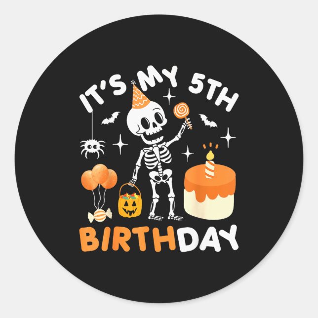 Sticker Rond It's My 5th Birthday-funny Halloween Skeleton 5th  (Devant)